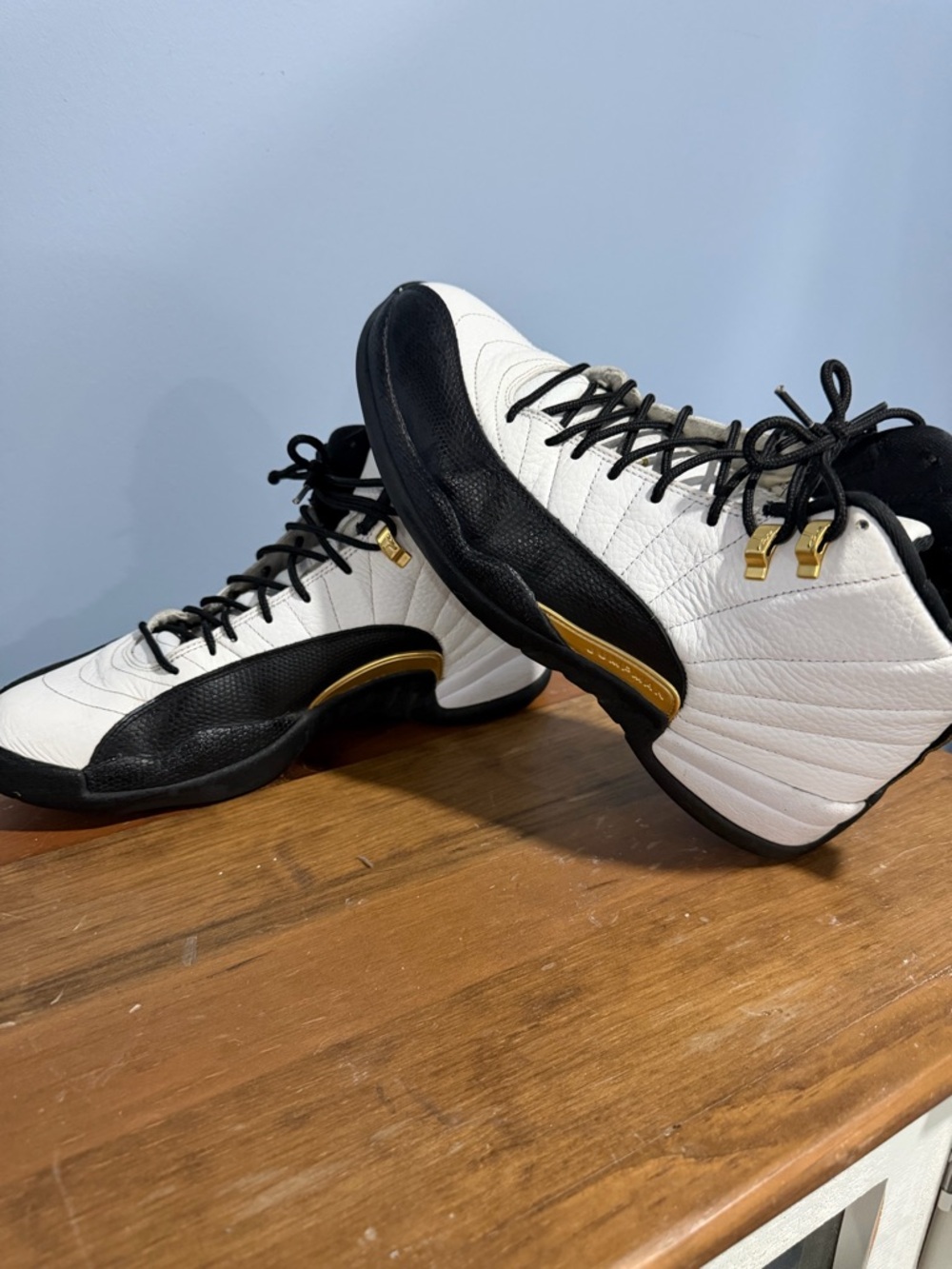 Jordan 12s  Men's White Black and Gold Retro Basketball Shoes